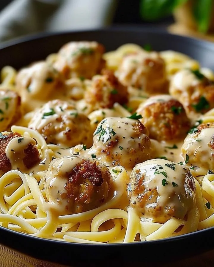 Garlic Butter Chicken Bites served with Creamy Parmesan Pasta dish