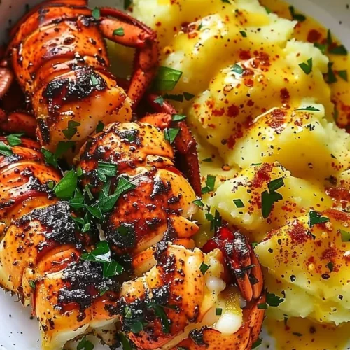 Succulent Garlic Butter Lobster Bites with creamy saffron mash on a plate.