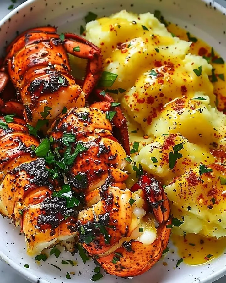 Succulent Garlic Butter Lobster Bites with creamy saffron mash on a plate.