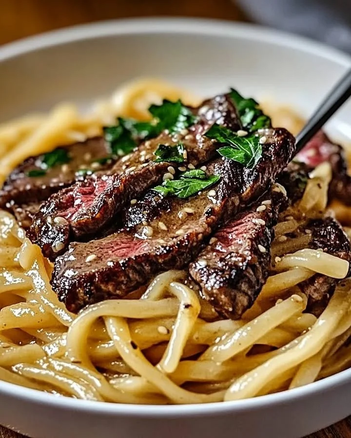 Delicious Garlic Butter Steak served with Lightning Noodles