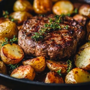 Garlic Herb Steak and Potato Skillet served in a cast-iron pan with fresh herbs.