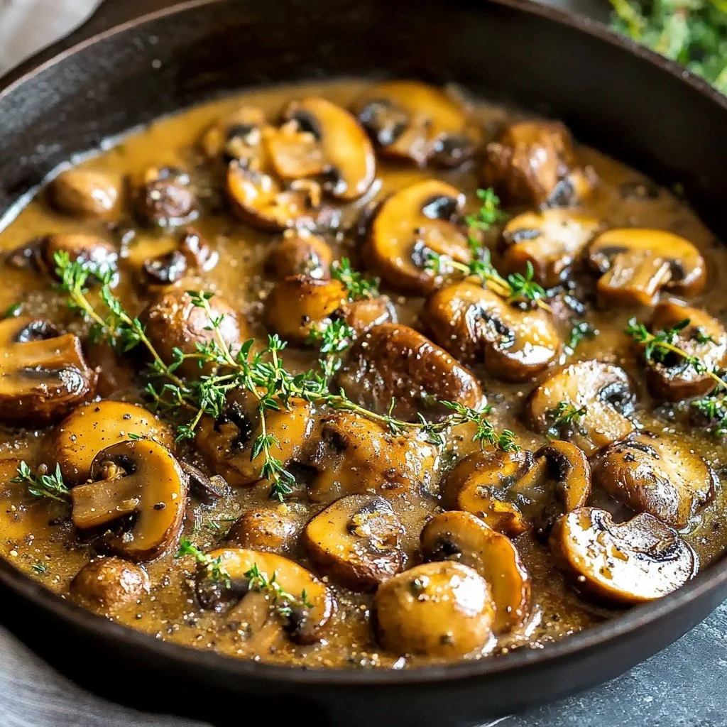 Creamy Garlic Mushroom Stroganoff served in a bowl with herbs.