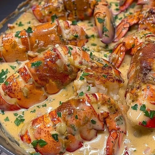 Delicious Garlic Parmesan Alfredo Lobster Tails garnished with parsley