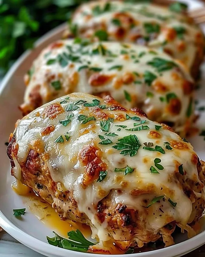 Garlic Parmesan Chicken Meatloaf served on a plate with herbs