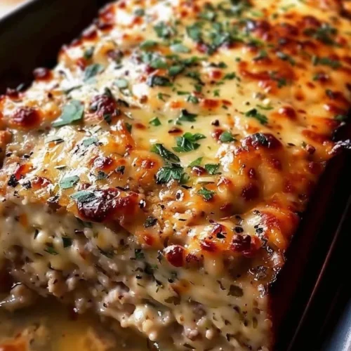 Garlic Parmesan Chicken Meatloaf garnished with herbs and served on a plate