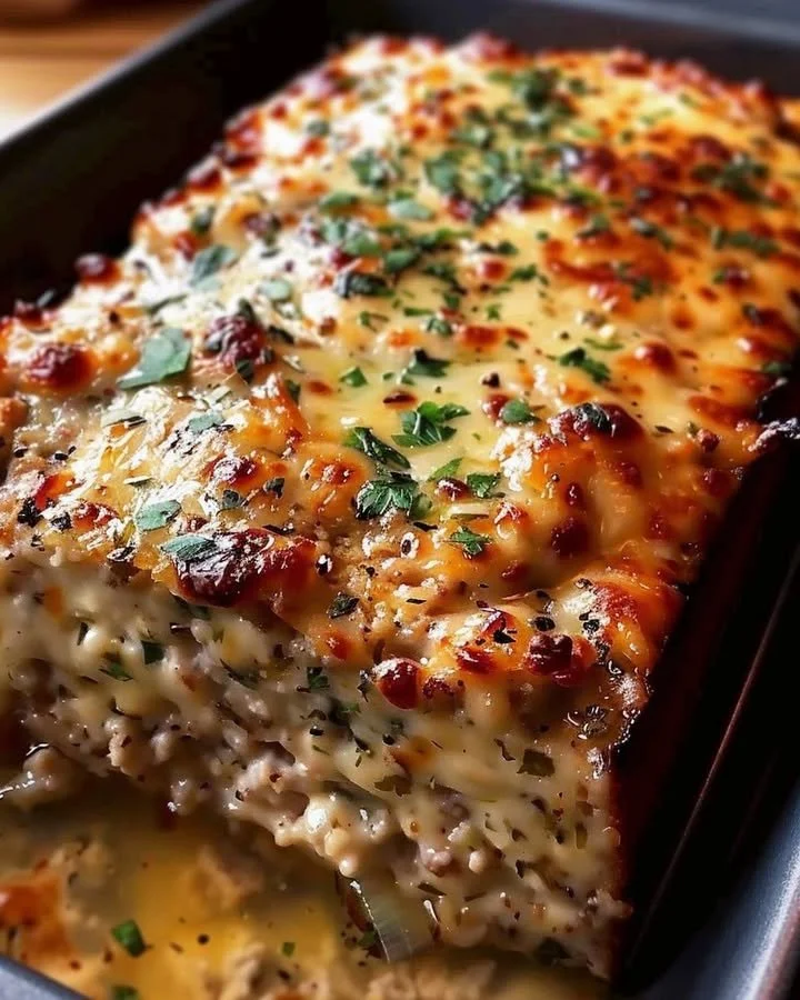Garlic Parmesan Chicken Meatloaf garnished with herbs and served on a plate