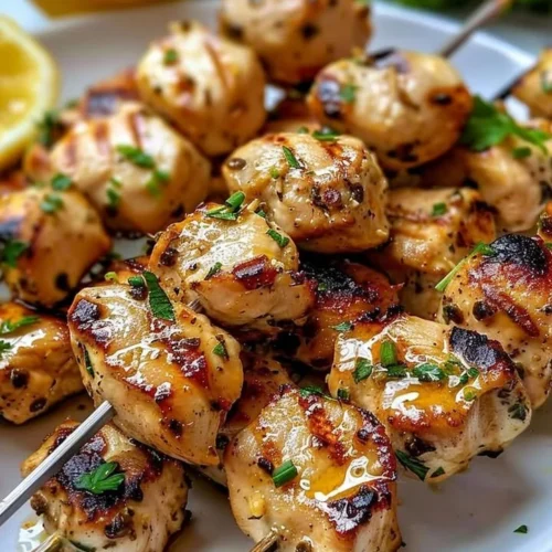 Delicious Garlic Parmesan Chicken Skewers ready for grilling