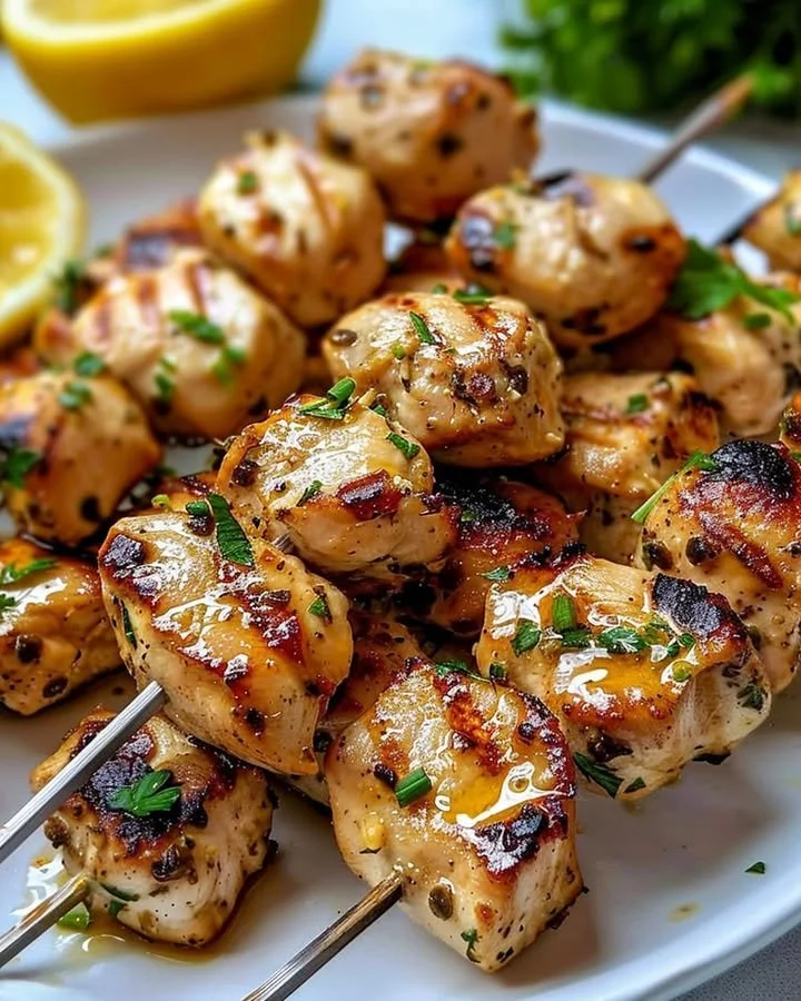 Delicious Garlic Parmesan Chicken Skewers ready for grilling