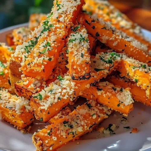 Delicious Garlic Parmesan Sweet Potato Sticks served in a bowl