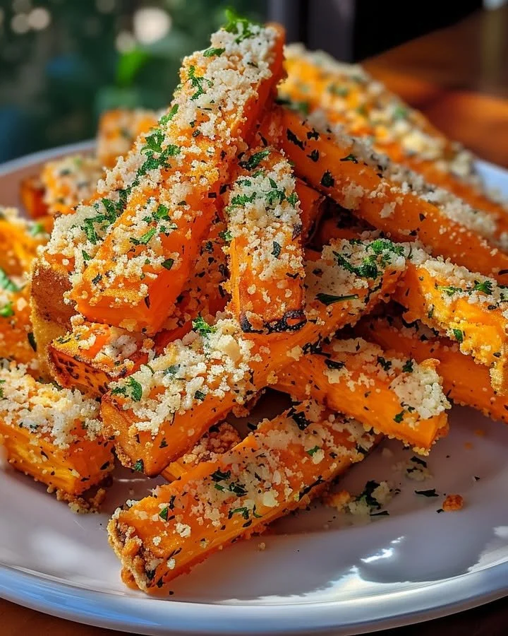 Delicious Garlic Parmesan Sweet Potato Sticks served in a bowl