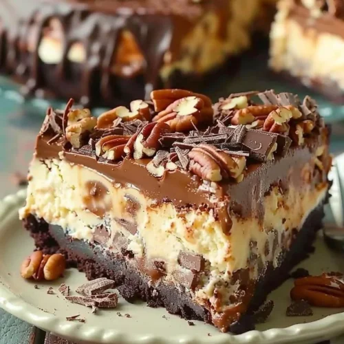 Delicious slice of German chocolate cheesecake topped with coconut and pecans