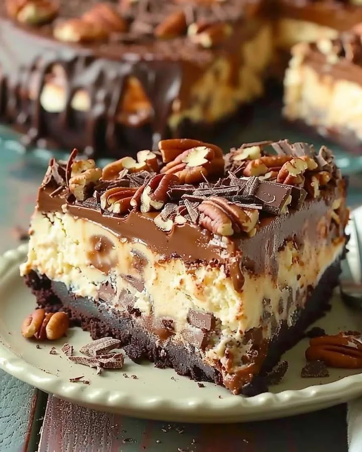 Delicious slice of German chocolate cheesecake topped with coconut and pecans