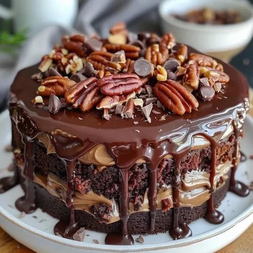 Delicious German Chocolate Poke Cake topped with coconut and pecans