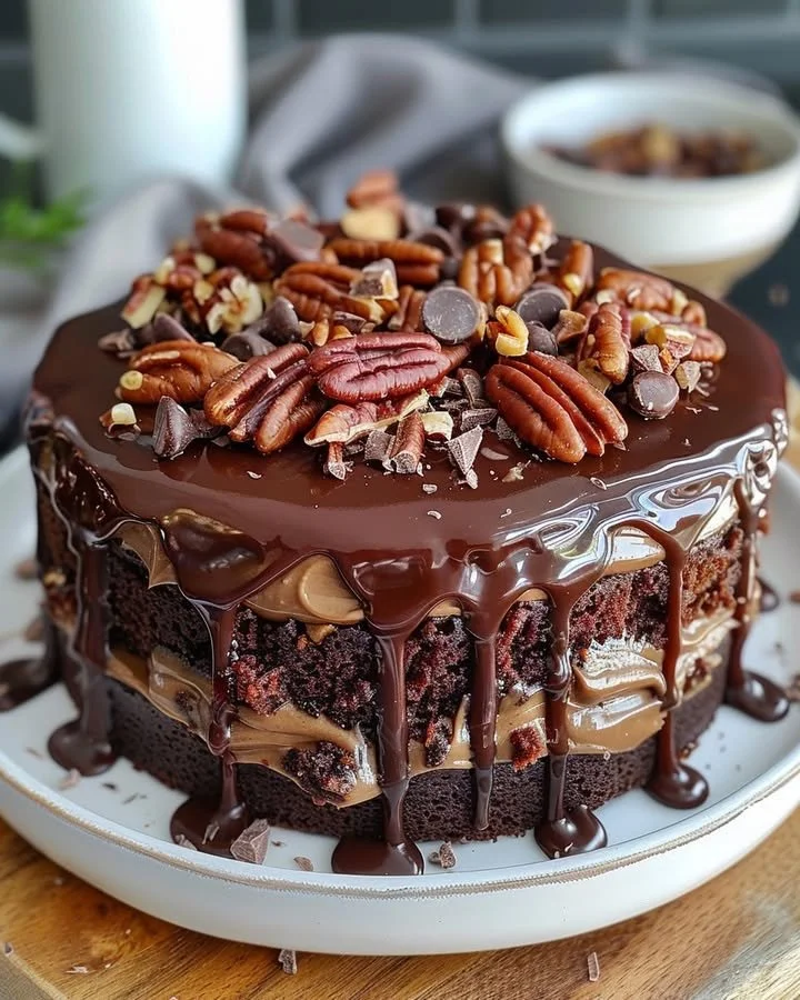 Delicious German Chocolate Poke Cake topped with coconut and pecans