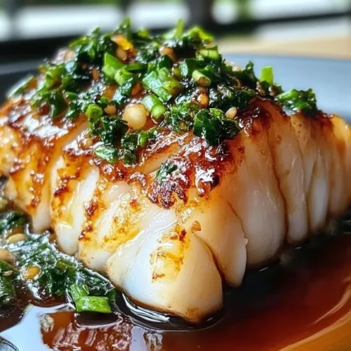 Delicious ginger soy glazed cod on a plate, garnished and ready to serve.