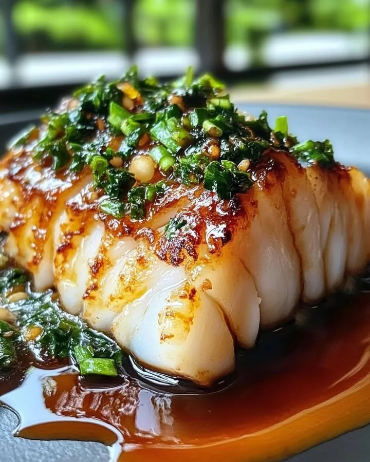 Delicious ginger soy glazed cod on a plate, garnished and ready to serve.