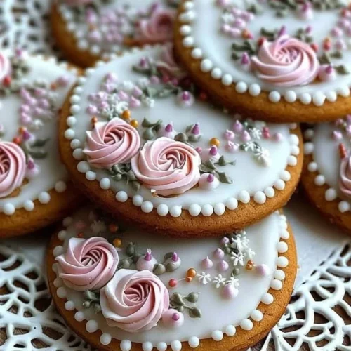Gingerbread cookies decorated with colorful floral icing on a plate