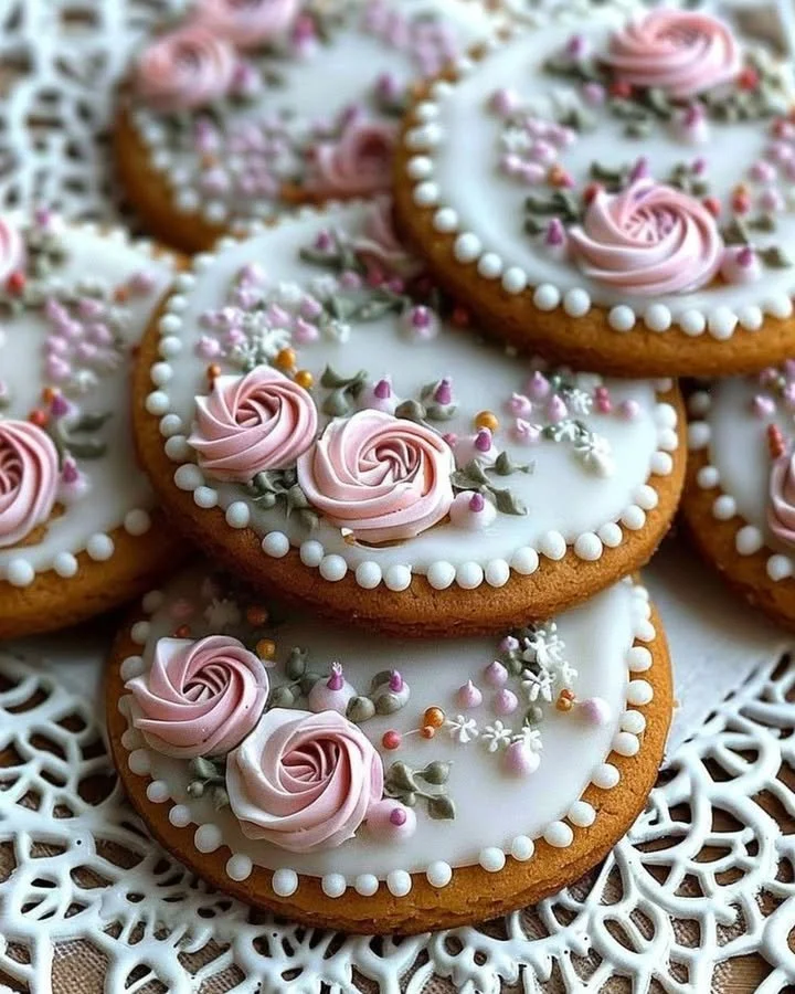 Gingerbread cookies decorated with colorful floral icing on a plate