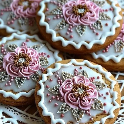Decorated gingerbread cookies with royal icing on a festive background