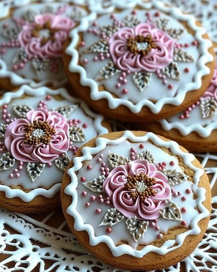 Decorated gingerbread cookies with royal icing on a festive background