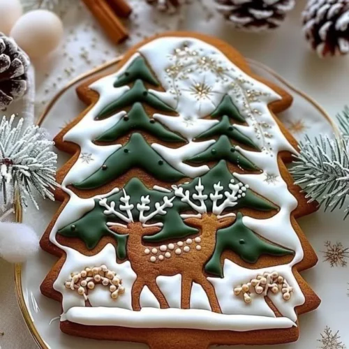 Gingerbread cookies featuring a whimsical winter forest design