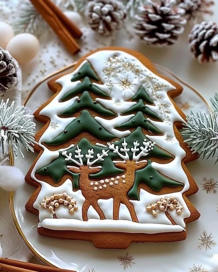 Gingerbread cookies featuring a whimsical winter forest design