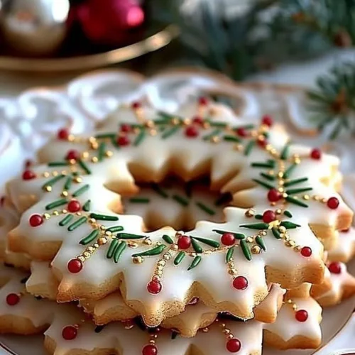 Delicious golden Holly Crown Cookies decorated for the holidays