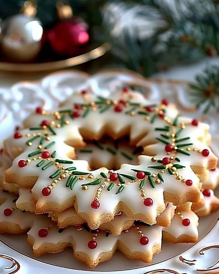 Delicious golden Holly Crown Cookies decorated for the holidays