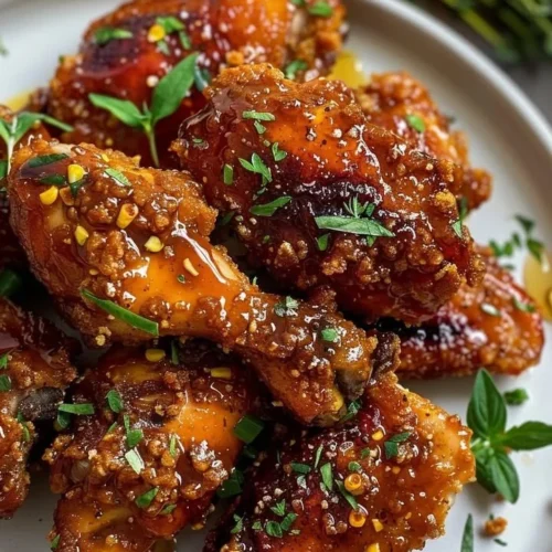 A plate of golden honey-glazed chicken with a spicy twist, garnished beautifully.