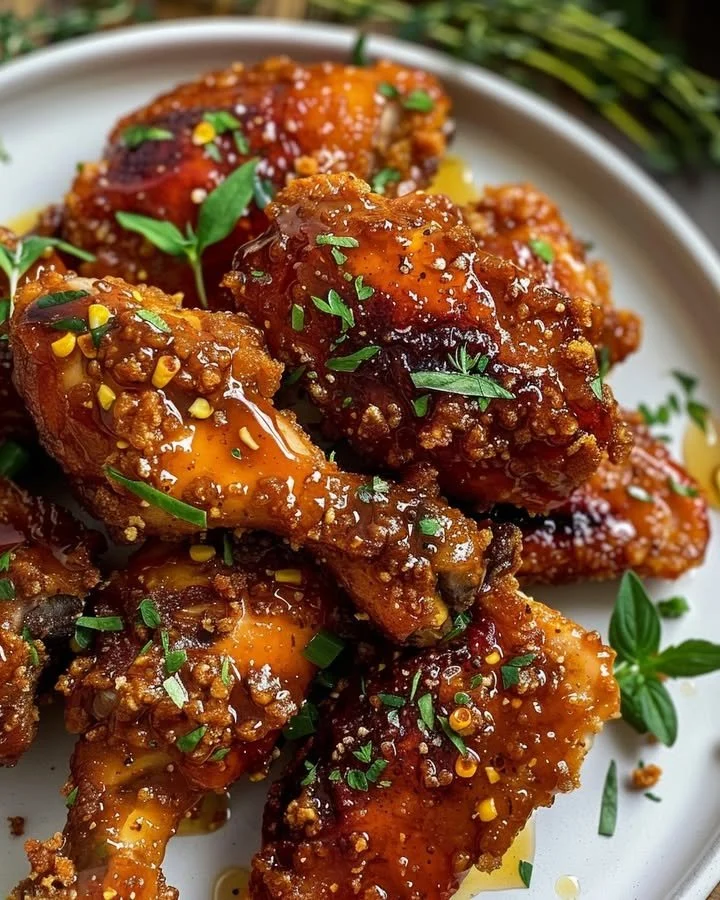 A plate of golden honey-glazed chicken with a spicy twist, garnished beautifully.