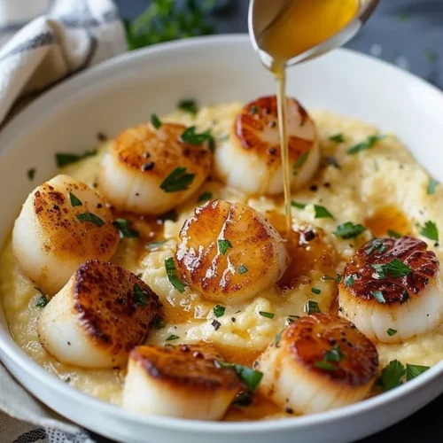 Golden scallops served on creamy Parmesan polenta dish