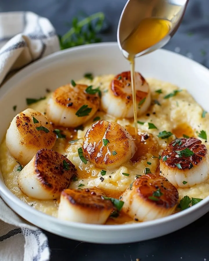 Golden scallops served on creamy Parmesan polenta dish