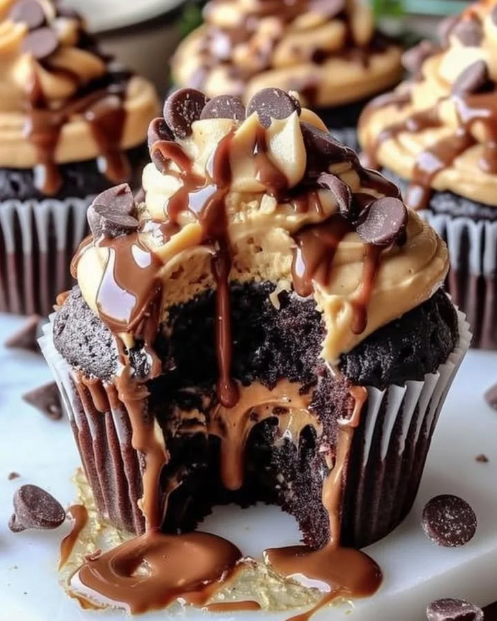 Gooey Peanut Butter Lava Cupcakes with melting filling