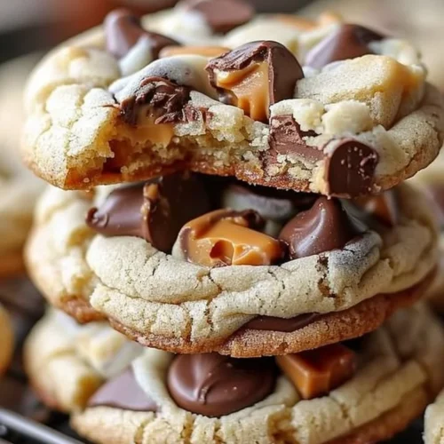 Gooey Reese's cheesecake cookies fresh out of the oven, topped with chocolate and peanut butter.