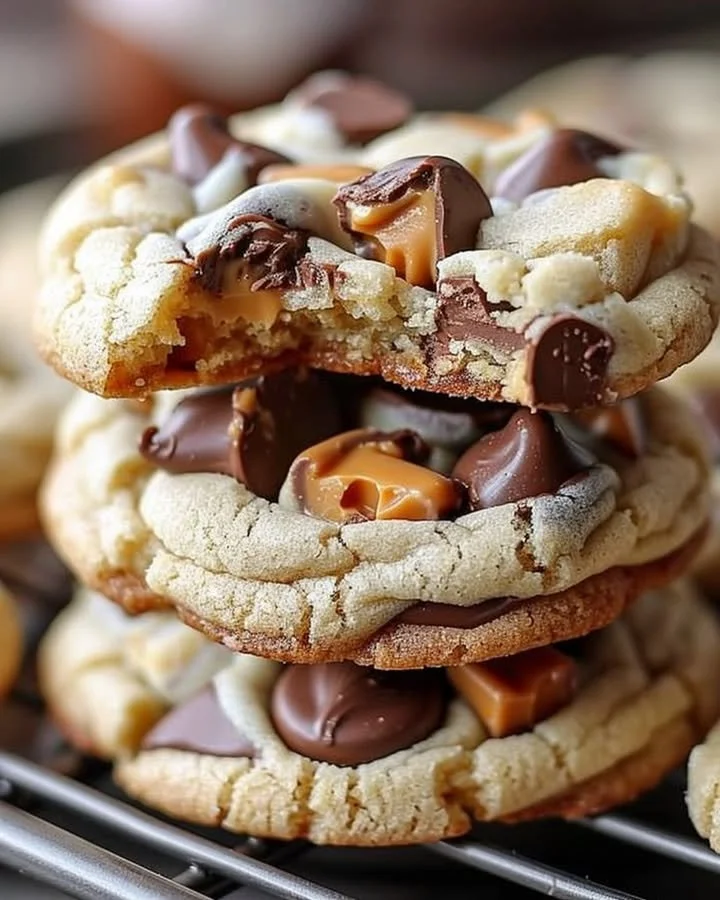 Gooey Reese's cheesecake cookies fresh out of the oven, topped with chocolate and peanut butter.