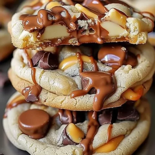 Gooey Reese's cheesecake cookies with chocolate and peanut butter