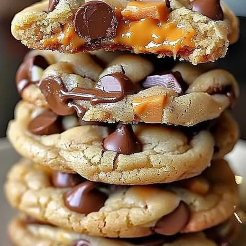 Gooey Reese's Cheesecake Cookies with peanut butter and cream cheesecake filling