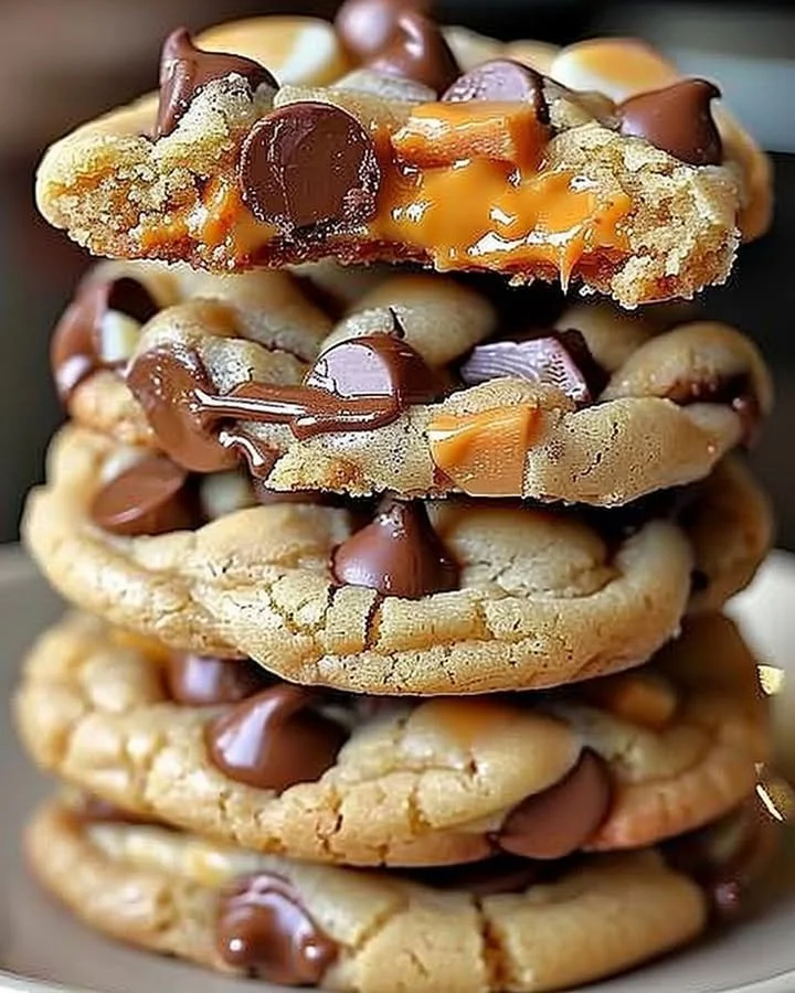 Gooey Reese's Cheesecake Cookies with peanut butter and cream cheesecake filling