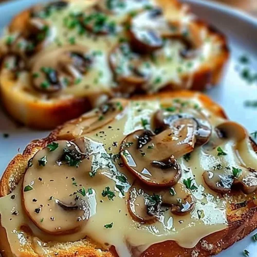 Gourmet cheesy mushroom and garlic toasts served on a wooden board