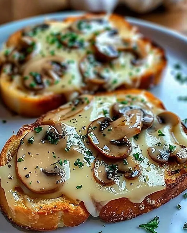 Gourmet cheesy mushroom and garlic toasts served on a wooden board