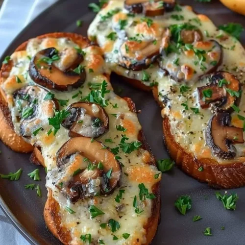 Gourmet cheesy mushroom and garlic toasts served on a wooden platter