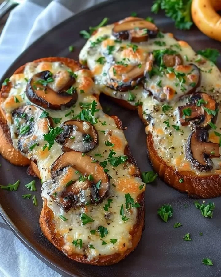 Gourmet cheesy mushroom and garlic toasts served on a wooden platter
