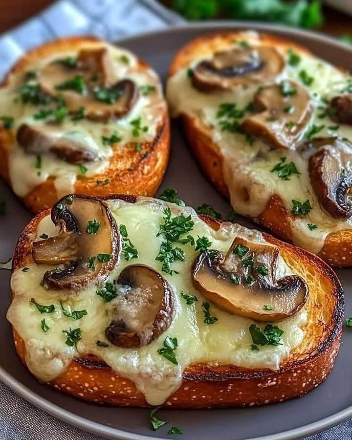 Gourmet cheesy mushroom toasts topped with fresh garlic and herbs
