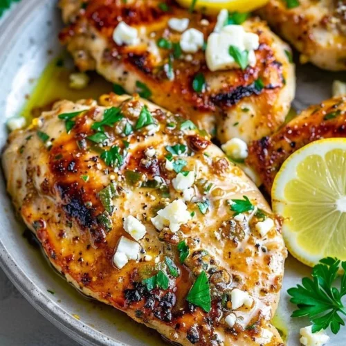 Greek Chicken with Lemon and Feta served on a plate