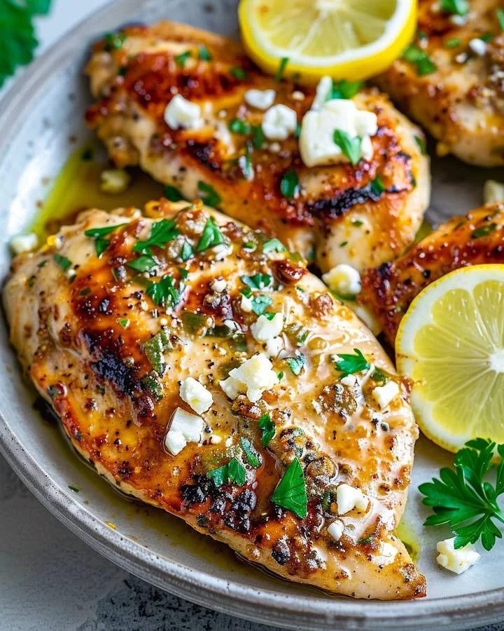 Greek Chicken with Lemon and Feta served on a plate