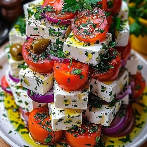 Greek Feta Salad Tower with vibrant vegetables and feta cheese
