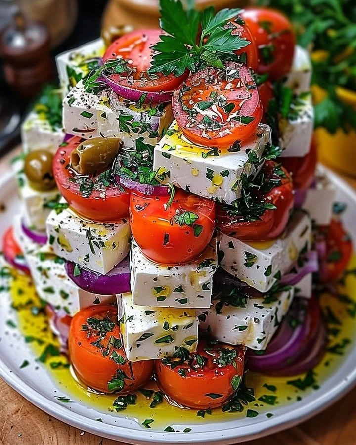 Greek Feta Salad Tower with vibrant vegetables and feta cheese