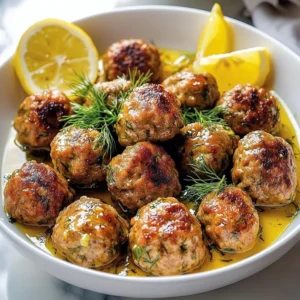 Plate of Greek meatballs served in lemon sauce garnished with fresh herbs