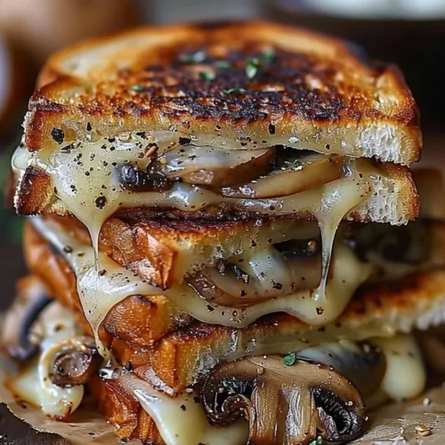 Grilled cheese sandwich with Gouda, topped with roasted mushrooms and onions.