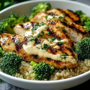 Delicious grilled chicken broccoli bowls topped with sauces and spices.